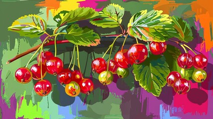   A painting of cherries in bunches dangling from a green leafed branch against a multicolored backdrop