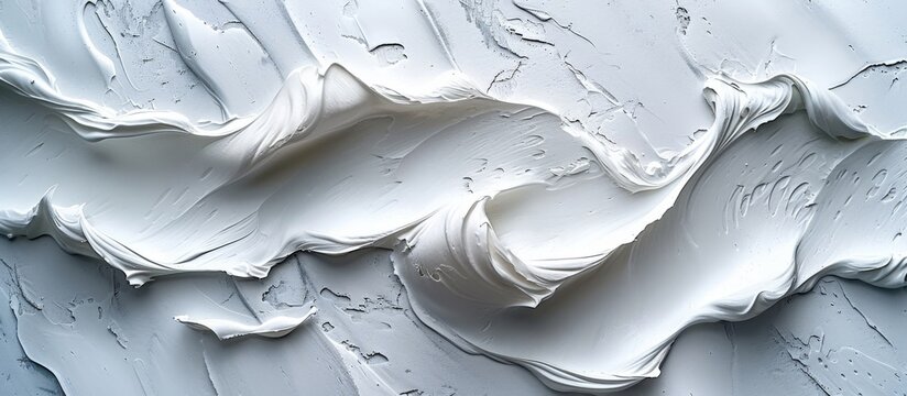 Closeup of white paint splattered on a white paper surface, artistic abstract background texture with splashes and drips