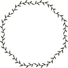 Beautiful round frame with green branches on white background. Vector image.