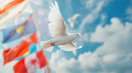  white dove soaring against a backdrop of softly blurred international flags under a clear blue sky. Symbolizes freedom and global peace. Generative AI