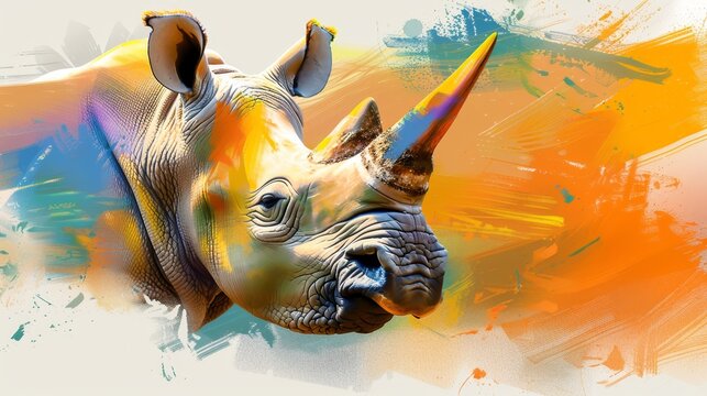   A tight shot of a rhino's head and neck adorned with vibrant paint splatters