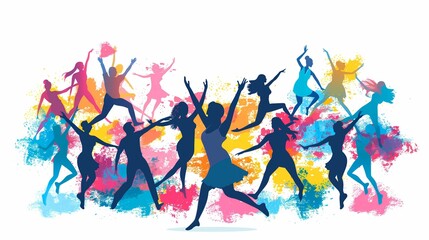 Banner for international dance day with illustration of cheerful dancing people on white background with bright colored spots in simple shapes in flat style