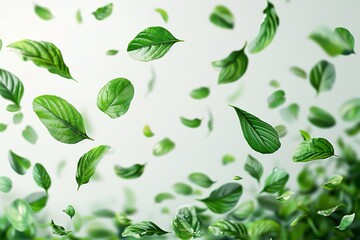 Air purifier atmosphere with dancing green floating leaves against white background with a straightforward main image and text space, Generative AI.