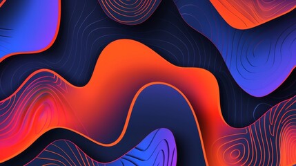   A black background bears red, purple, and blue wavy lines and curves