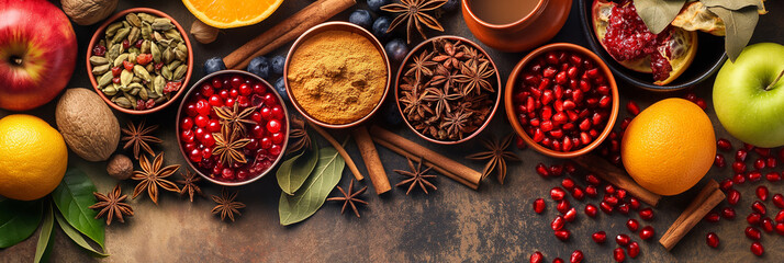 Top view Various spices and herbs on a dark background.
