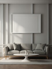 Blank mockup frame poster.  empty frame hanging on the wall with Modern interior Room design in 3D render. illustration generative ai