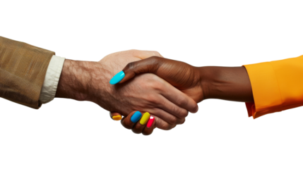 Multiethnic young women shake hands meeting together, they show business friend team harmony, have positive expressions agreement. Business no limit racism unity concept. white background isolated