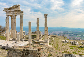 Temple of Trajan (Traianeum) ruins in Pergamon Acropolis (Bergama, Izmir province, Turkiye) - obrazy, fototapety, plakaty