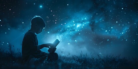 Solitary Starlit Reading A Person Silhouetted Under a Solar Light Immersed in the Cosmic Glow of Luminous Learning