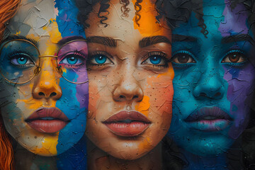 Obraz premium A detailed mural of three women's faces, with vibrant, multicolored segments and textures, framed by rich hues and intricate patterns. each woman displays unique features and expressions.