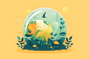 Naklejka premium Illustration of a vibrant, enclosed ecosystem with flourishing greenery, birds in flight, and a backdrop of mountains and sun, encapsulated within a transparent dome, depicts the earth.
