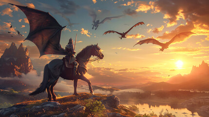 Brave epic knight riding horse on a sunset landscape  - obrazy, fototapety, plakaty