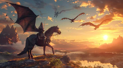Fotobehang Brave epic knight riding horse on a sunset landscape  © Anas