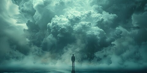 Fototapeta premium Solitary Businessperson Confronting Looming Storm Clouds Navigating Uncertainty and Adversity in Professional Life