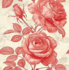 Beautiful Pink Roses and Green Leaves on a Soft Beige Background for Backgrounds and Designs