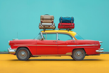 Retro car with luggage and beach equipment on blue background. Summer vacation concept