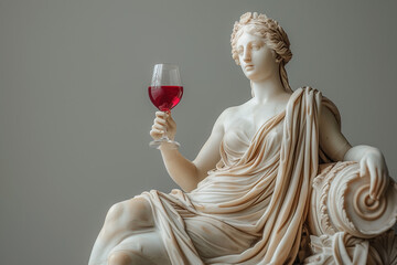Arrogant portrait of a sculpture of Aphrodite with wine glass in hand on paste background with copy space