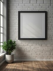 Blank mockup frame poster.  empty mockup frame hanging on the wall with Modern interior Room design. 3D render. illustration generative ai