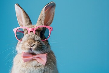 An adorable Easter concept depicted in close-up with a bunny donning sunglasses and set on a blue...