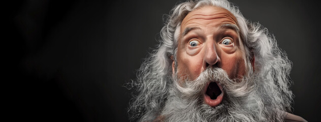 A old man with a gray beard and long gray hair has his mouth open wide. Surprised man from the surprise. The image has a humorous and lighthearted mood.