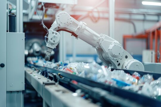 Advanced robotic arm sorting recyclable materials in a modern industrial facility