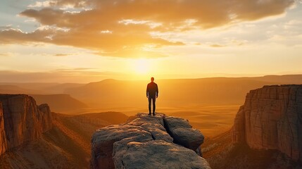 Man standing on top of cliff at sunset , back view or no face Generative AI