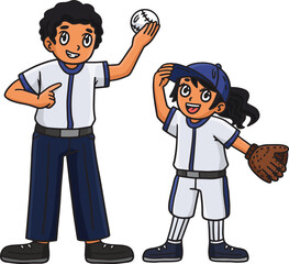 Baseball Girl Player and Parent Cartoon Clipart 