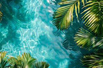 summer tropical background with green leaves and sea water