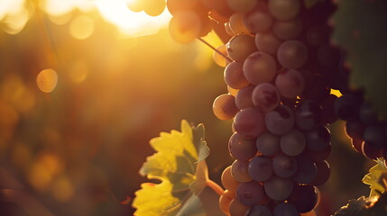 Vineyards at sunset in the autumn harvest. Ripe grapes in autumn. Red grapes hanging from the vine, warm background.