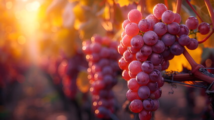Vineyards at sunset in the autumn harvest. Ripe grapes in autumn. Red grapes hanging from the vine,...