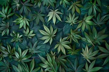green cannabis leaves background, natural texture or pattern