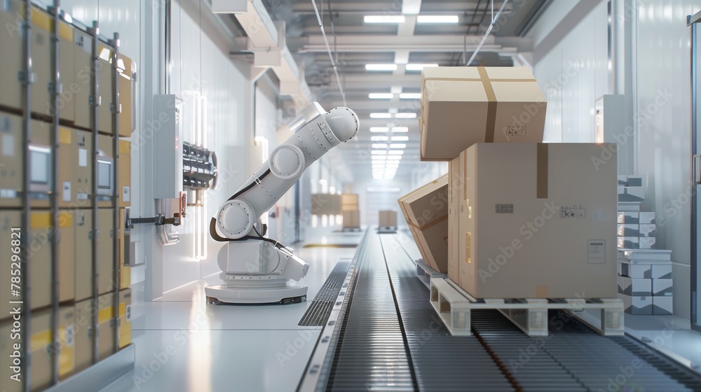 Aufkleber advanced robotic arm in an automated warehouse efficiently palletizing cardboard boxes