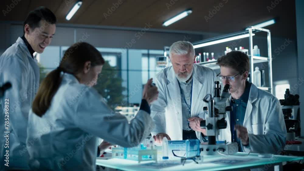 Poster modern medicine research laboratory: diverse team of smart young scientists conducting an experiment
