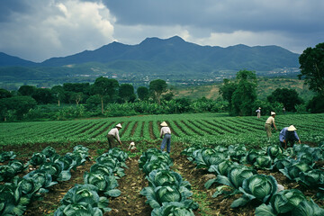 Farmer harvesting cabbage in the vegetable garden in the morning on the plantation
