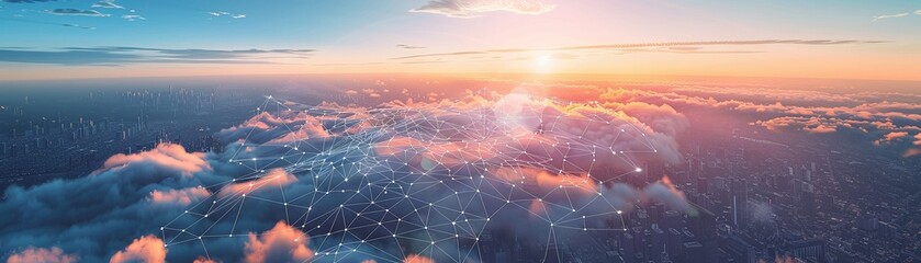 Cloud networks connecting cities, sunset, high above, wide panorama, seamless computing power - obrazy, fototapety, plakaty