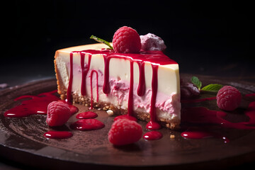 White Chocolate Raspberry Cheesecake, Creamy and indulgent cheesecake with a white chocolate and raspberry swirl