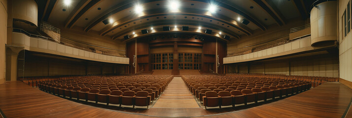 Wide angle of an empty auditorium with rows of seats