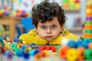 Bored boy with toys scattered around