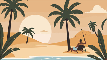 beach with trees and sun vector