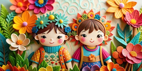 Friendship Day with two cute girls with beautiful flowers, papercut illustration, China kids, wishes and greeting, papercut art