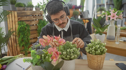 Young hispanic man arranging plants at an indoor flower shop, showcasing his floristry skills.