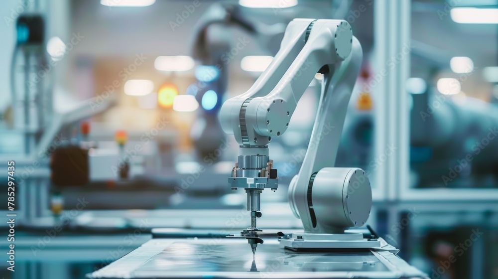 Poster advanced robotics in industrial automation: a precise robotic arm in a modern factory setting