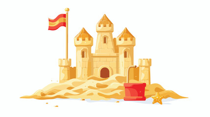 Sandcastle with kid toy bucket and little red flag in