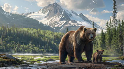 Brown Bear and Two Cubs against a Forest and Mountain - obrazy, fototapety, plakaty