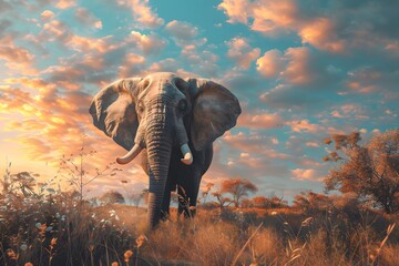 elephant at sunset - obrazy, fototapety, plakaty
