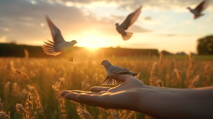Girl holding a dove in her hands against the background of the setting sun - obrazy, fototapety, plakaty