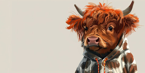 Stylized cartoon brown bull wearing a cow print sweatshirt and friendly behavior, banner, copy space