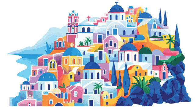 Santorini landscape illustration in colorful style flat