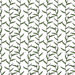 Creative seamless pattern with green branches on white background. Vector image.