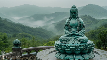 Buddha statue with hills in the background